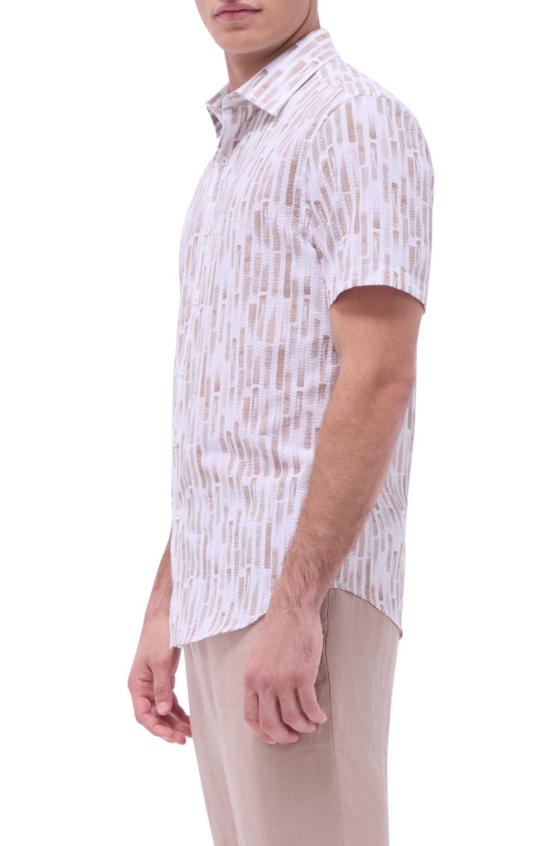 Bugatchi Orson Trim Fit Stripe Short Sleeve Stretch Cotton Seersucker Button-Up Shirt, Alternate, color, Camel