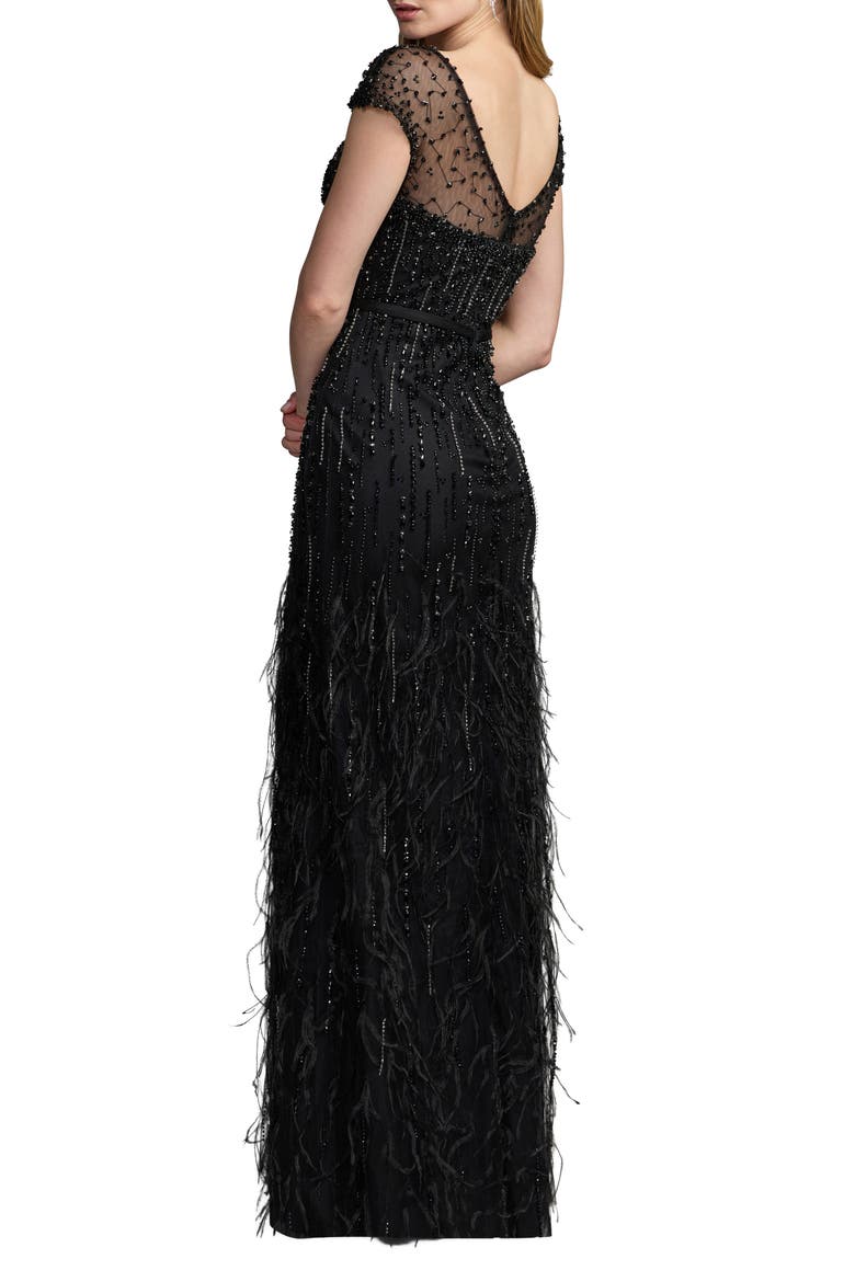 Hand Beaded Short Sleeve Feather Gown, Alternate, color, Black