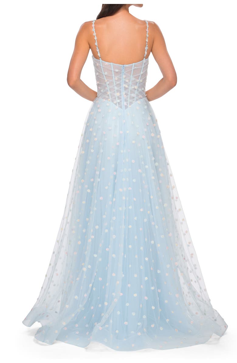 La Femme Polka Dot Tulle Prom Dress with Sheer Corset Top, Alternate, color, Light Blue