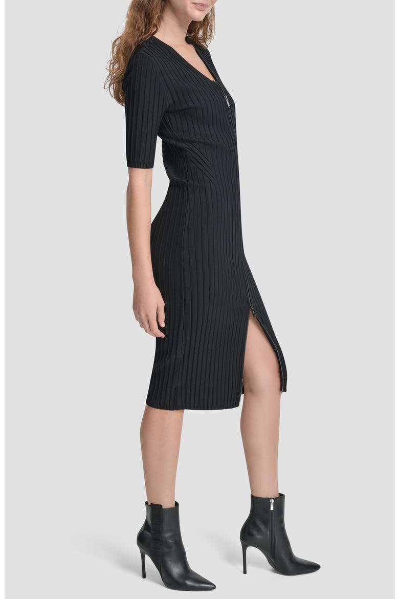 Ribbed Front Zip Sweater Dress, Alternate, color, BLACK