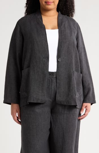 Eileen Fisher High Collar Organic Linen Jacket In Gray