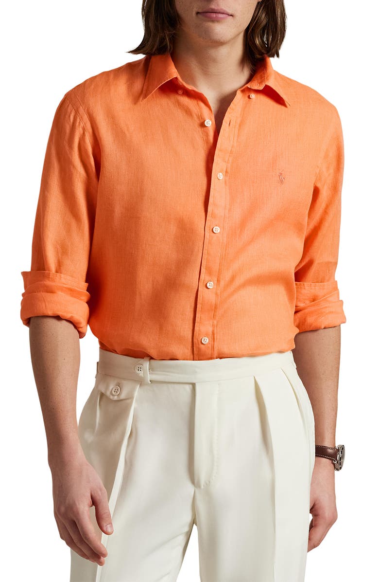 Polo Ralph Lauren Classic Fit Solid Orange Linen Button-Down Shirt, Main, color, Poppy