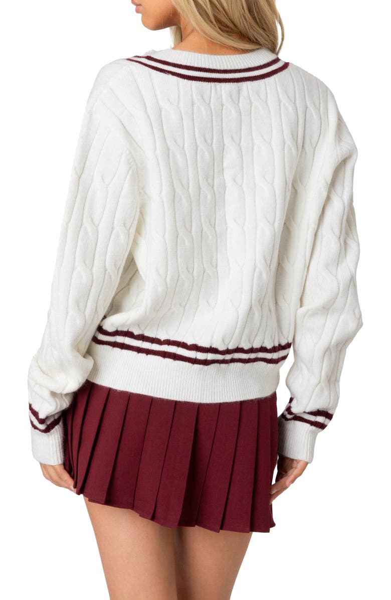 EDIKTED Dean Cable Knit Crop V-Neck Sweater, Alternate, color, Cream