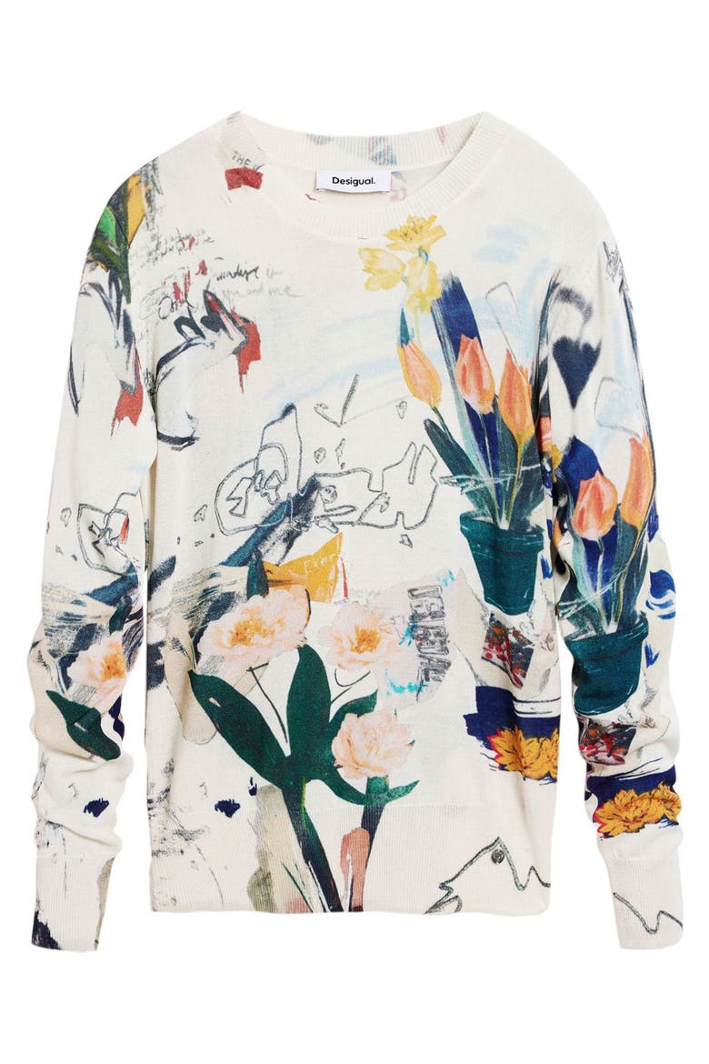 Floral Fine Gauge Crewneck Sweater, Alternate, color, LIGHT BEIGE