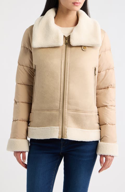 Faux Shearling Trim Puffer Jacket