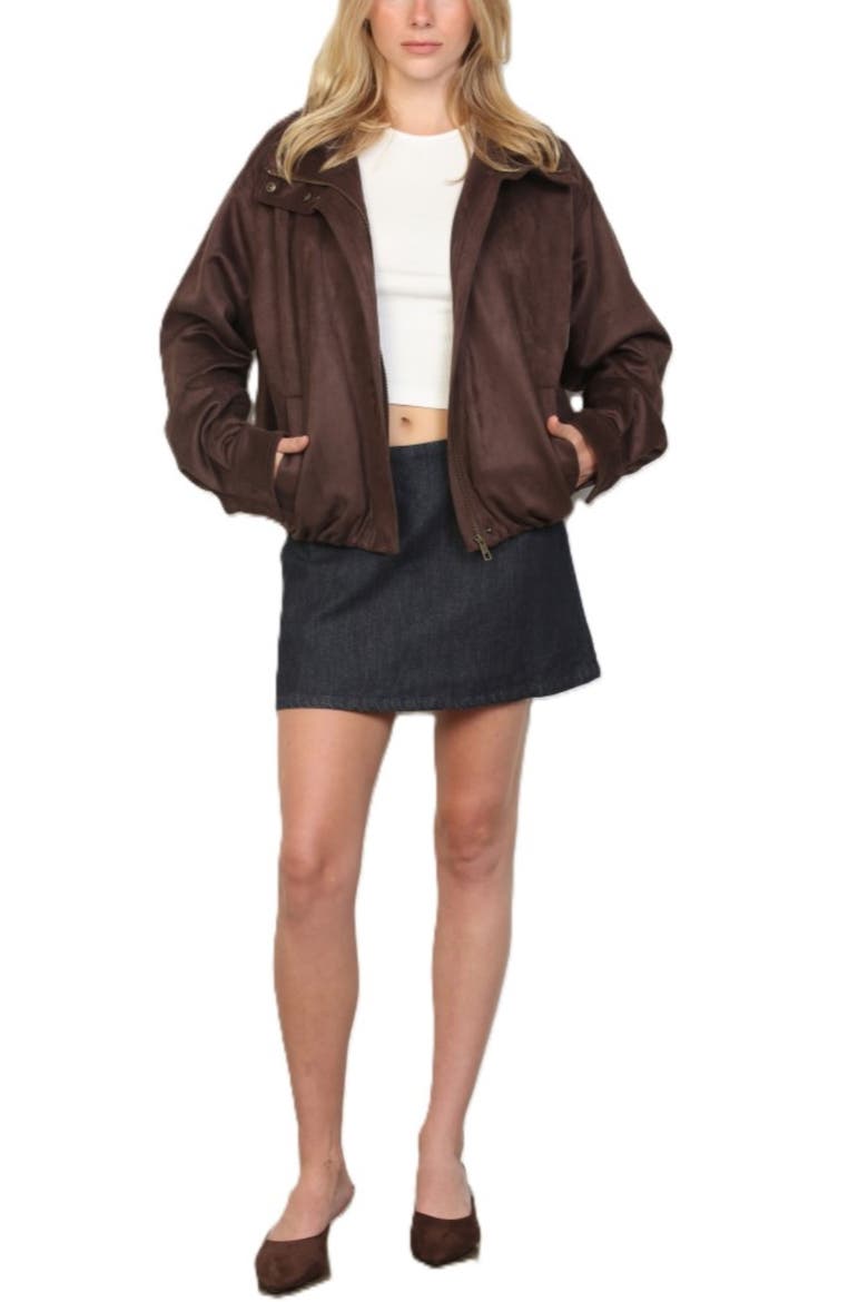 Brushed Faux Suede Funnel Neck Jacket, Alternate, color, HOT FUDGE