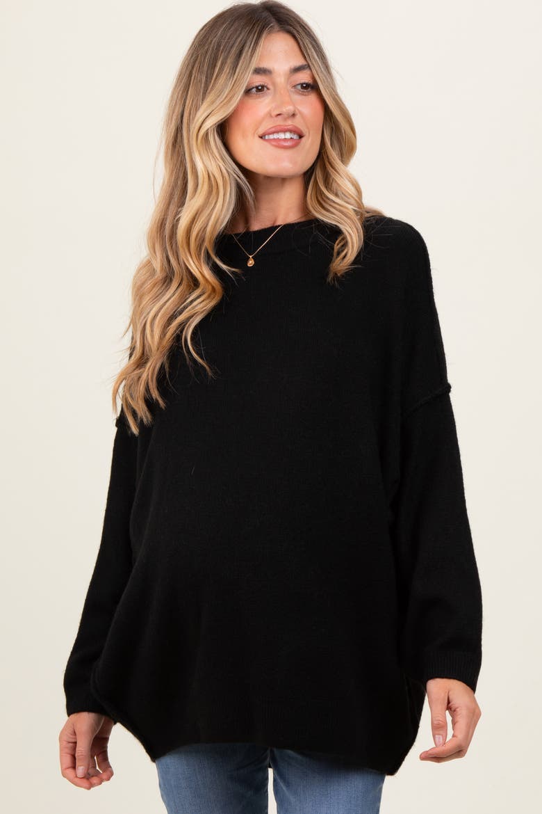 Oversized Crewneck Melange Knit Sweater, Alternate, color, Black