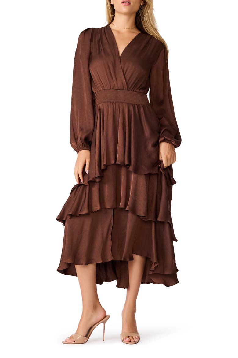 Bei Long Sleeve Tiered Satin Midi Dress, Main, color, SHAVED CHOCOLATE