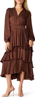 Steve Madden Bei Long Sleeve Tiered Satin Midi Dress