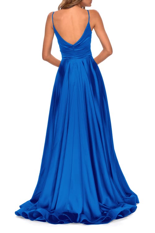 La Femme Long Satin Dress With Side Slit And V Shaped Back In Royal Blue