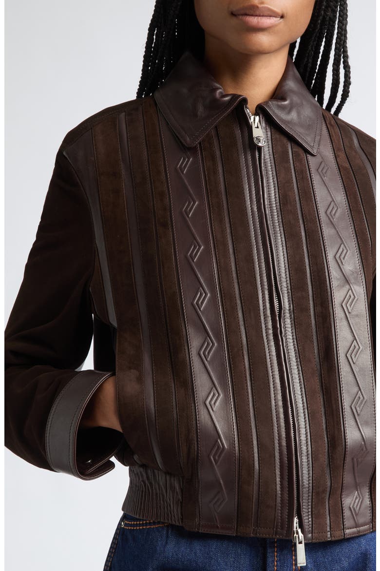 Mixed Media Greca Blouson Jacket, Alternate, color, BROWN