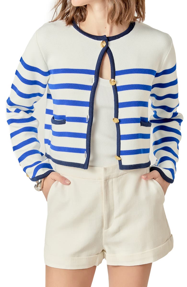English Factory Stripe Crop Cardigan, Alternate, color, Blue Multi