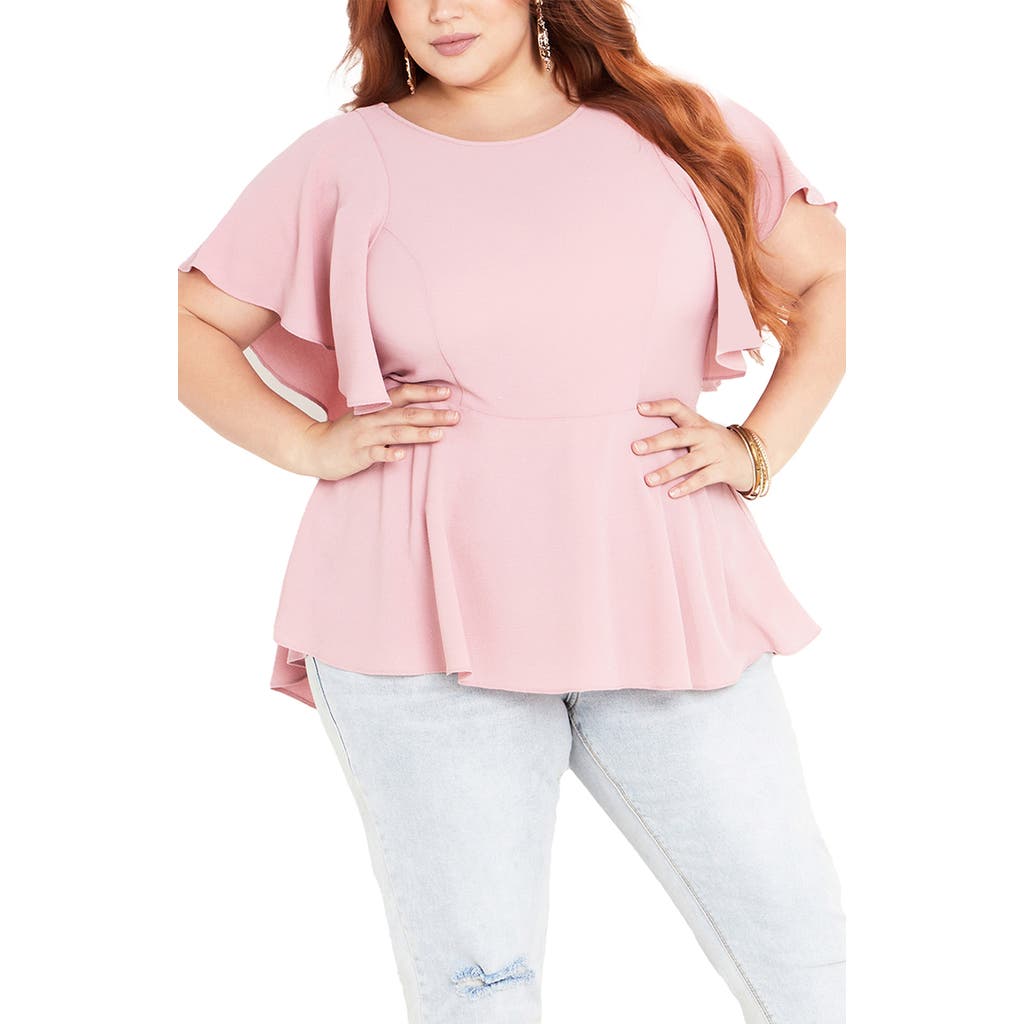 City Chic Romantic Mood Flutter Sleeve Top In Pink