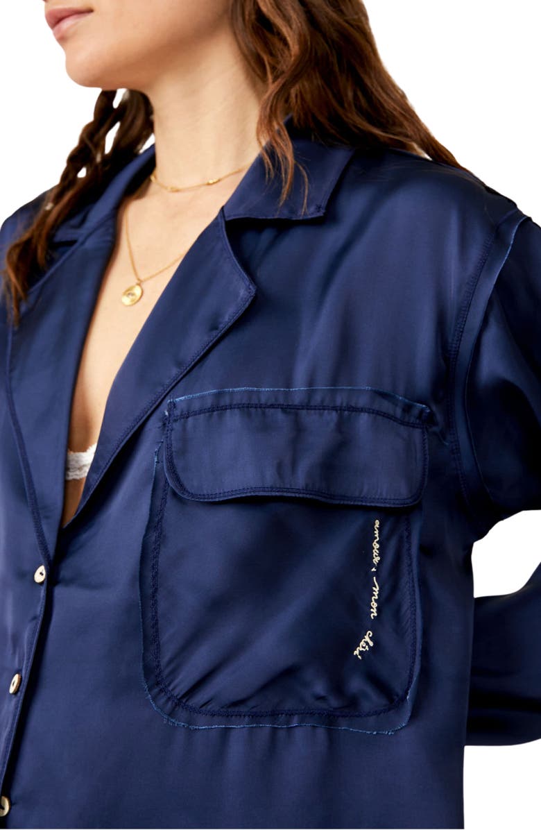 Free People Like Honey Long-Sleeve Satin Pajama Shirt, Alternate, color, Navy Coat