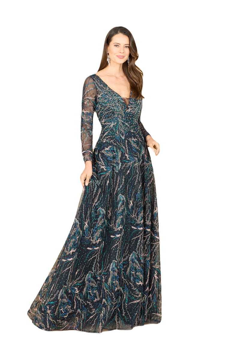 LARA New York Lace Gown With Long Sleeves, Main, color, Darkblue