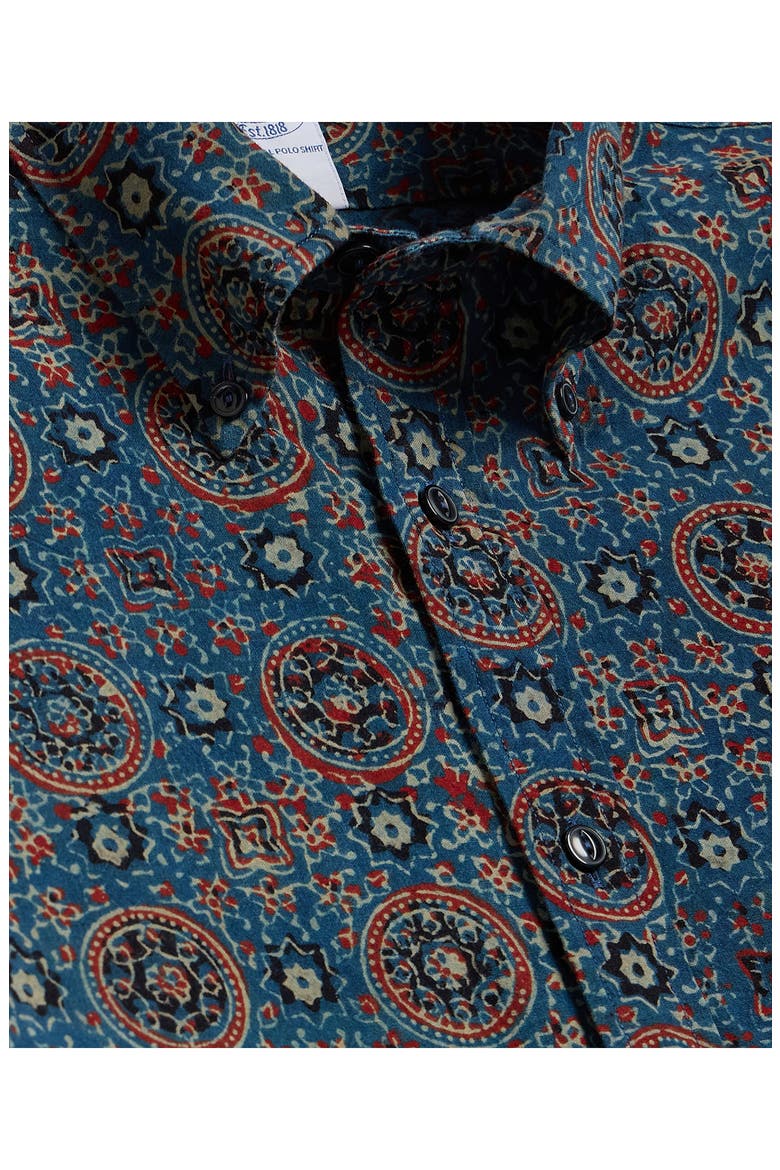 Medallion Print Short Sleeve Cotton Button-Down Shirt, Alternate, color, BLUESPICE