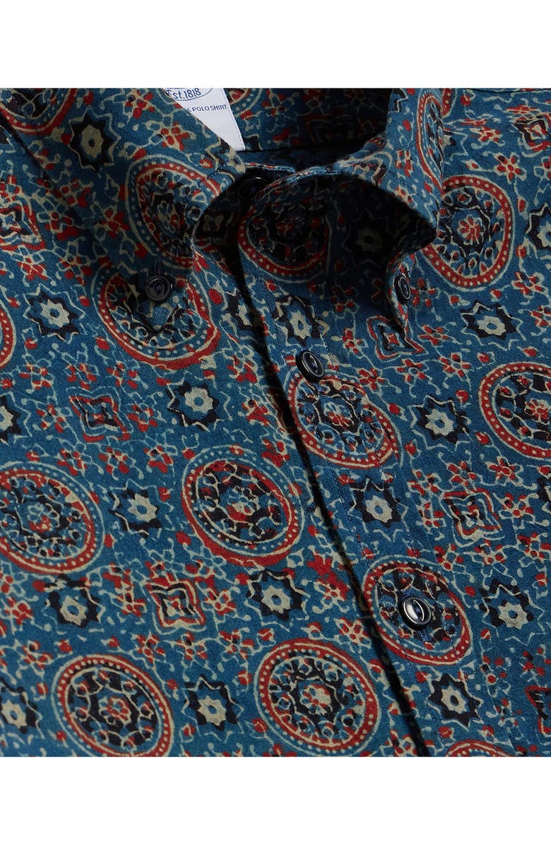 Brooks Brothers Medallion Print Short Sleeve Cotton Button-Down Shirt, Alternate, color, Bluespice