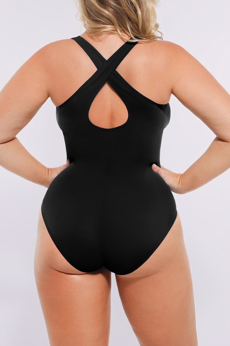 U-Wire Ruched Tummy Control One Piece Swimsuit, Alternate, color, Black