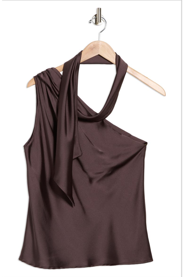 Scarf Detail One-Shoulder Satin Top, Alternate, color, BROWN