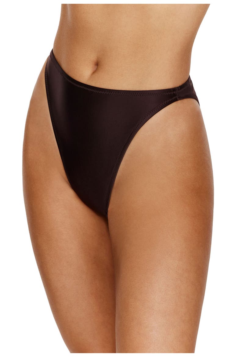 Satin Touch High Waist High Leg Bikini Bottom, Alternate, color, Brown