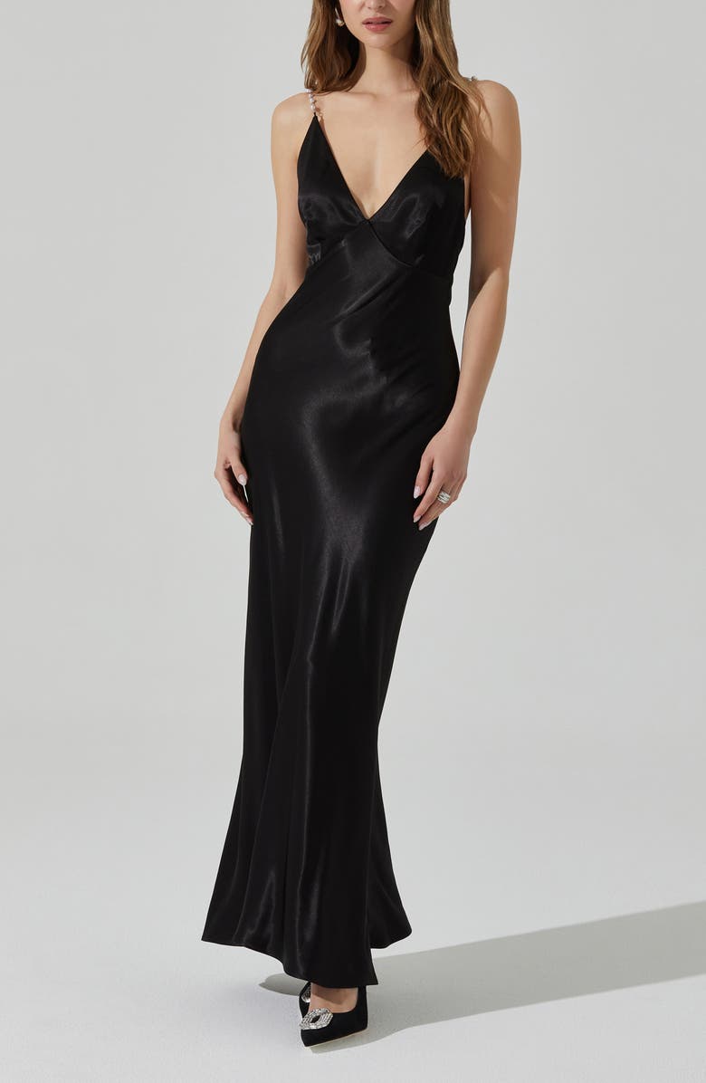 ASTR the Label Maxime Pearly Cross Back Satin Gown, Alternate, color, Black