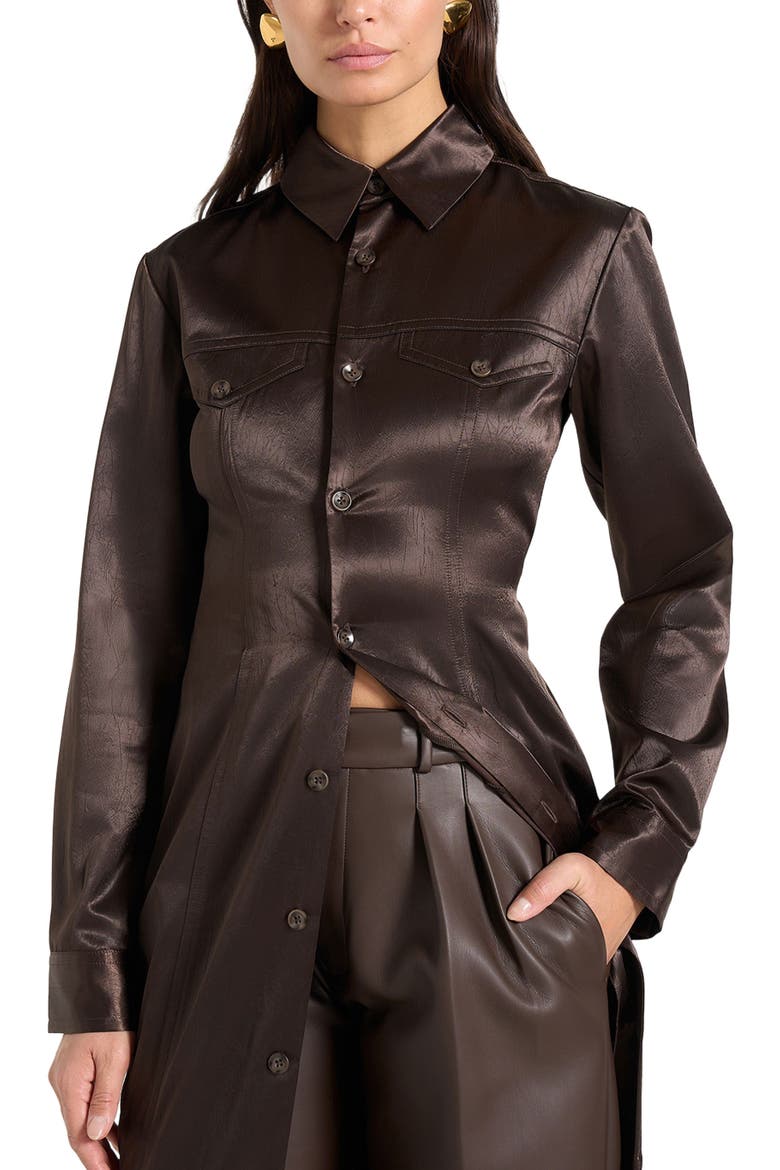 Etta Crinkled Satin Midaxi Shirt Dress, Alternate, color, Dark Brown