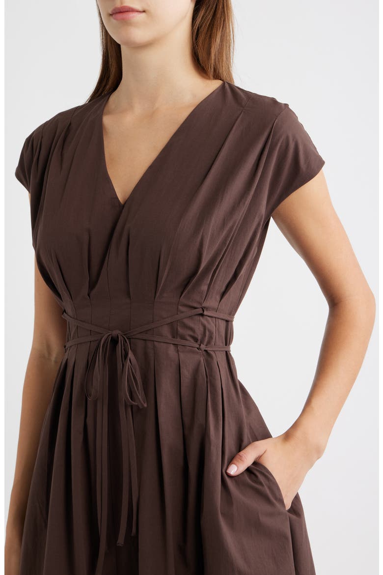 Pleated V-Neck Midi Dress, Alternate, color, DARK BROWN