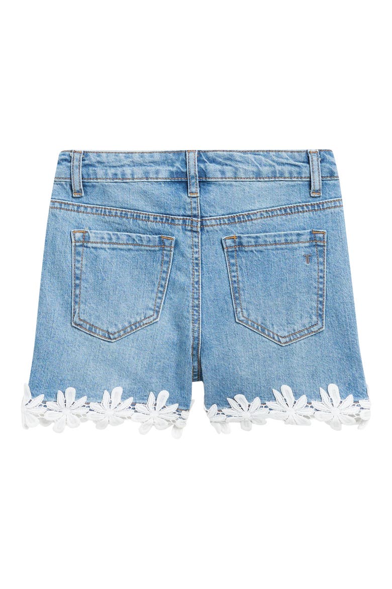 Kids' Floral Lace Hem Denim Shorts, Alternate, color, INDIGO