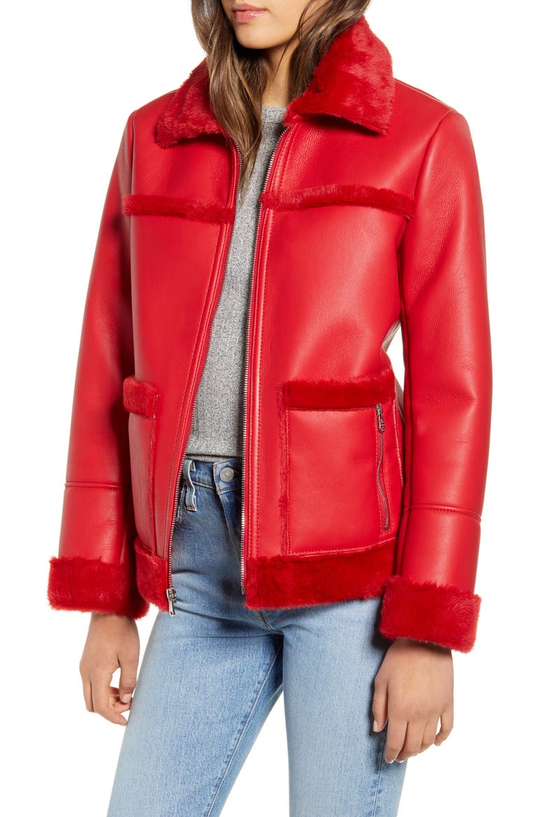 Faux Fur Trim Faux Leather Jacket, Main, color, RED
