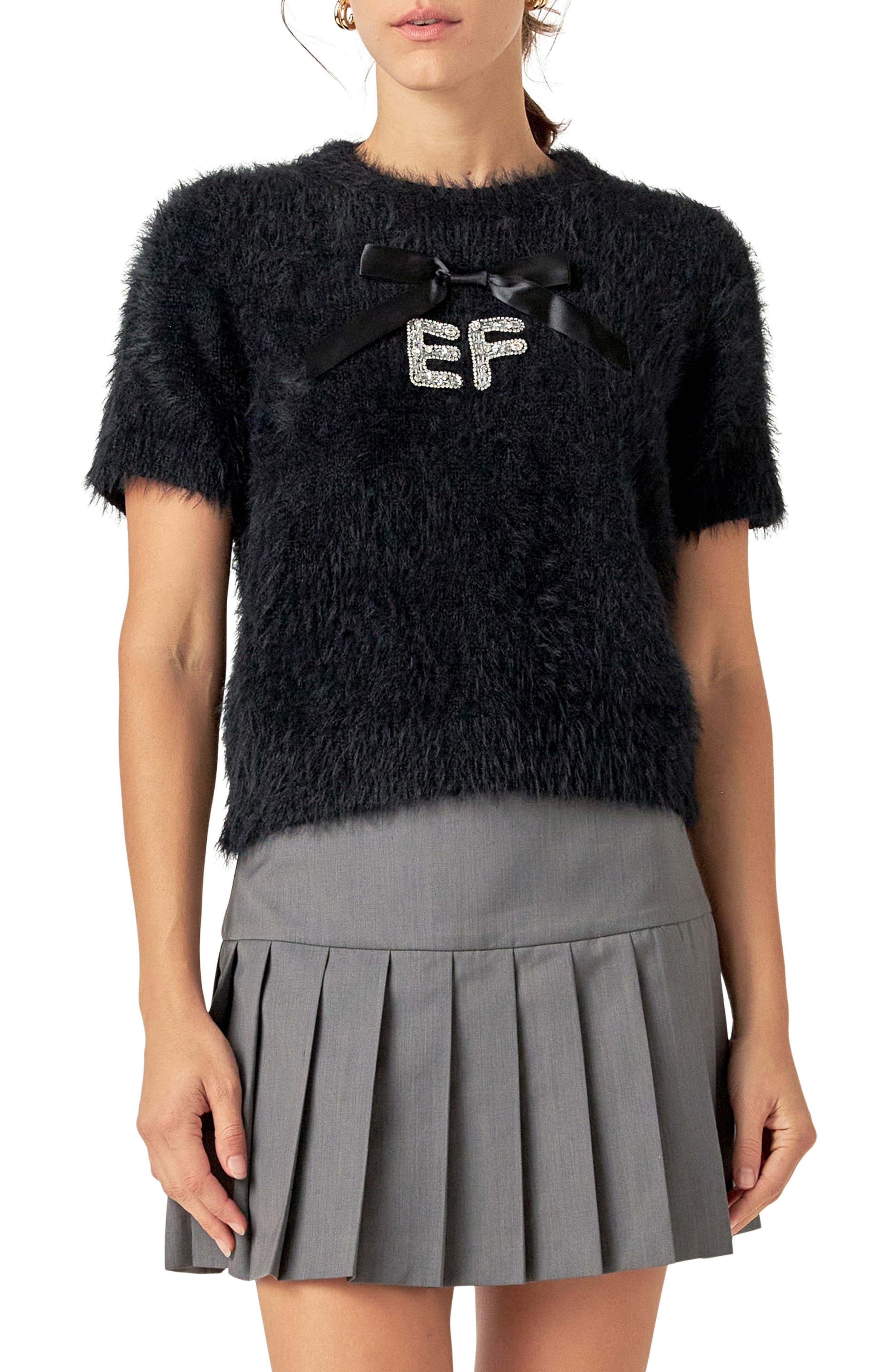 English Factory Rhinestone Logo Short Sleeve Sweater in Black 