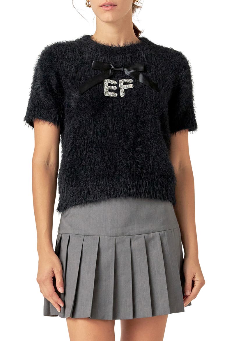 Rhinestone Logo Short Sleeve Sweater, Main, color, BLACK