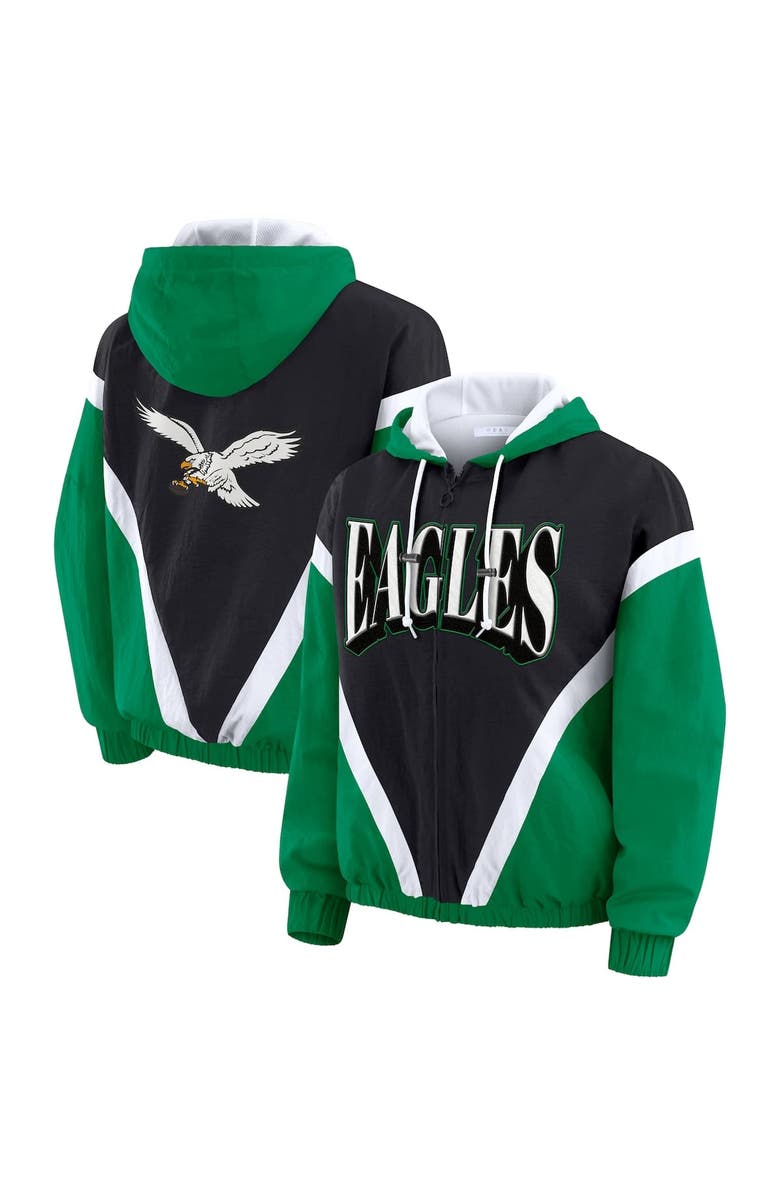 WEAR by Erin Andrews Women's WEAR by Erin Andrews Kelly Green/Black Philadelphia Eagles Retro Crinkle Full-Zip Hoodie Windbreaker, Alternate, color, Kelly Green