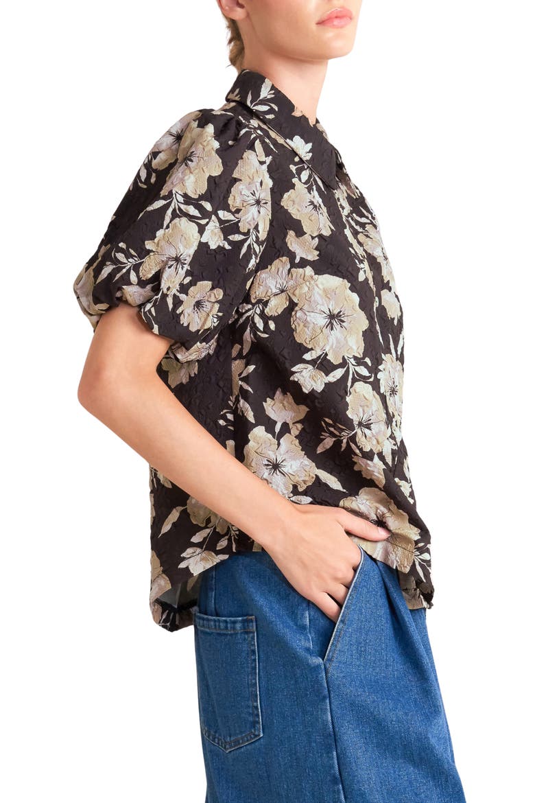 Textured Floral Puff Sleeve Shirt, Alternate, color, DARK BROWN