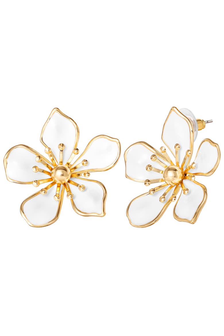 White Enamel Flower Earrings for Women, Gold-Tone Flower Stud Earrings, Main, color, Gold tone