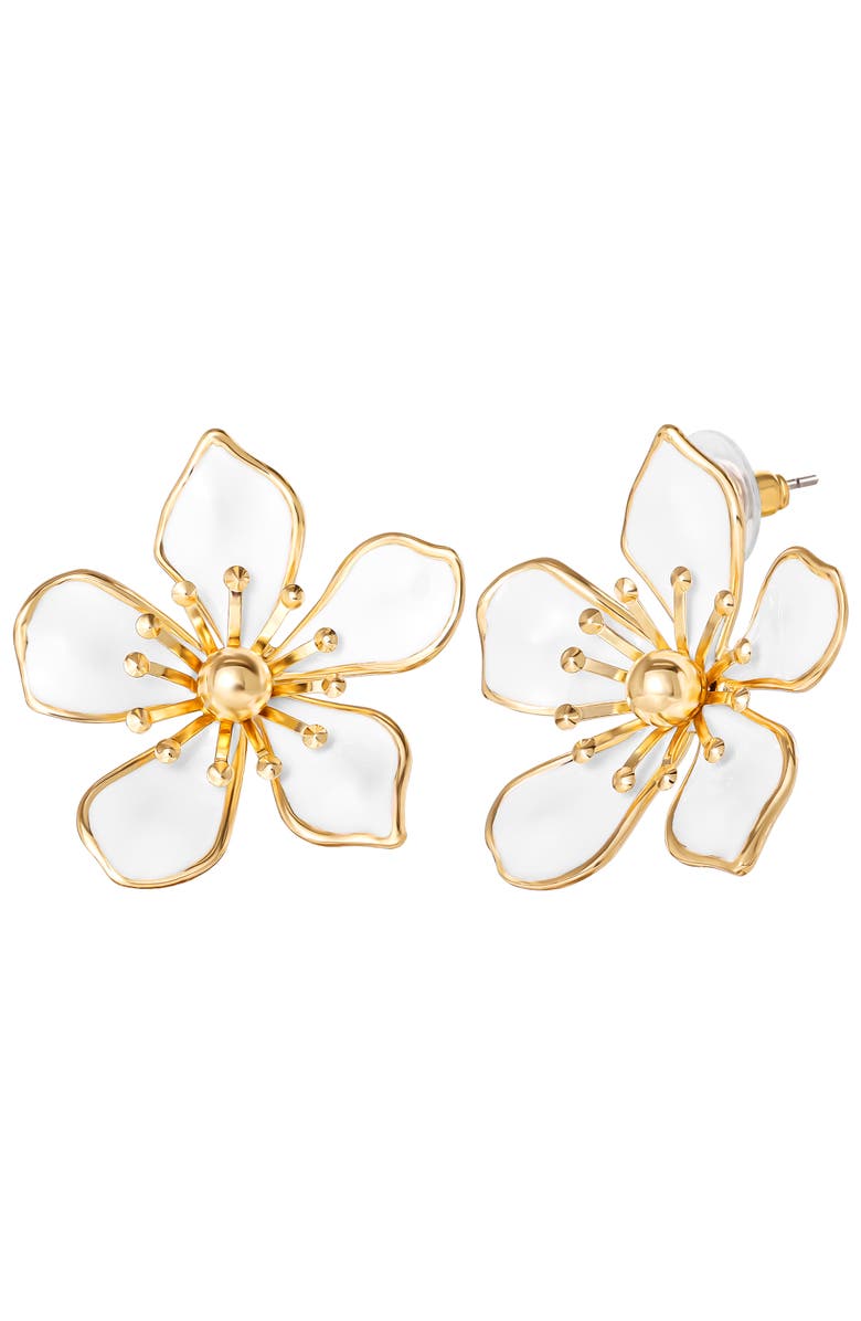 Jessica Simpson White Enamel Flower Earrings for Women, Gold-Tone Flower Stud Earrings, Main, color, Gold Tone