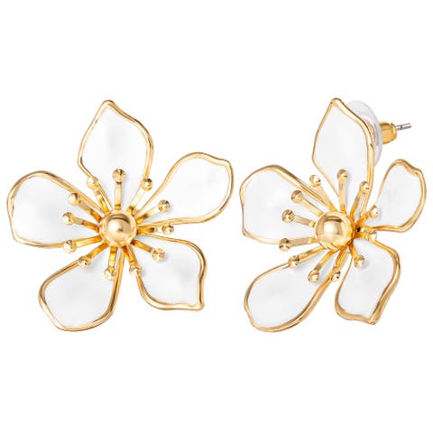 White Enamel Flower Earrings for Women, Gold-Tone Flower Stud Earrings