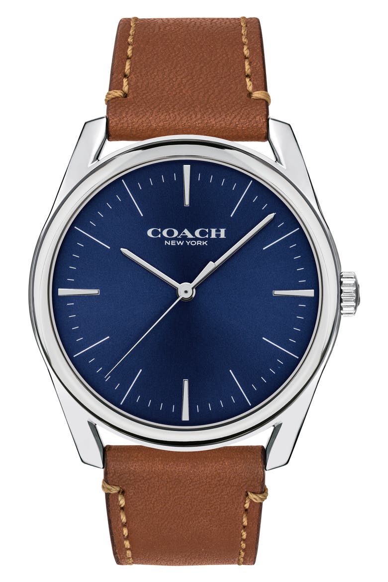 Preston Leather Strap Watch, 41mm, Main, color, SADDLE/ SILVER/ NAVY