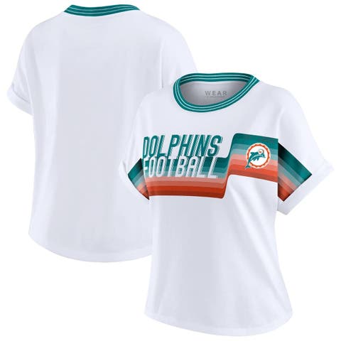 Women's WEAR by Erin Andrews White Miami Dolphins Cropped Center Stripe Dolman T-Shirt