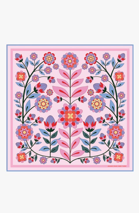 Double Sided Wool Silk Scarf Of Pink Garden