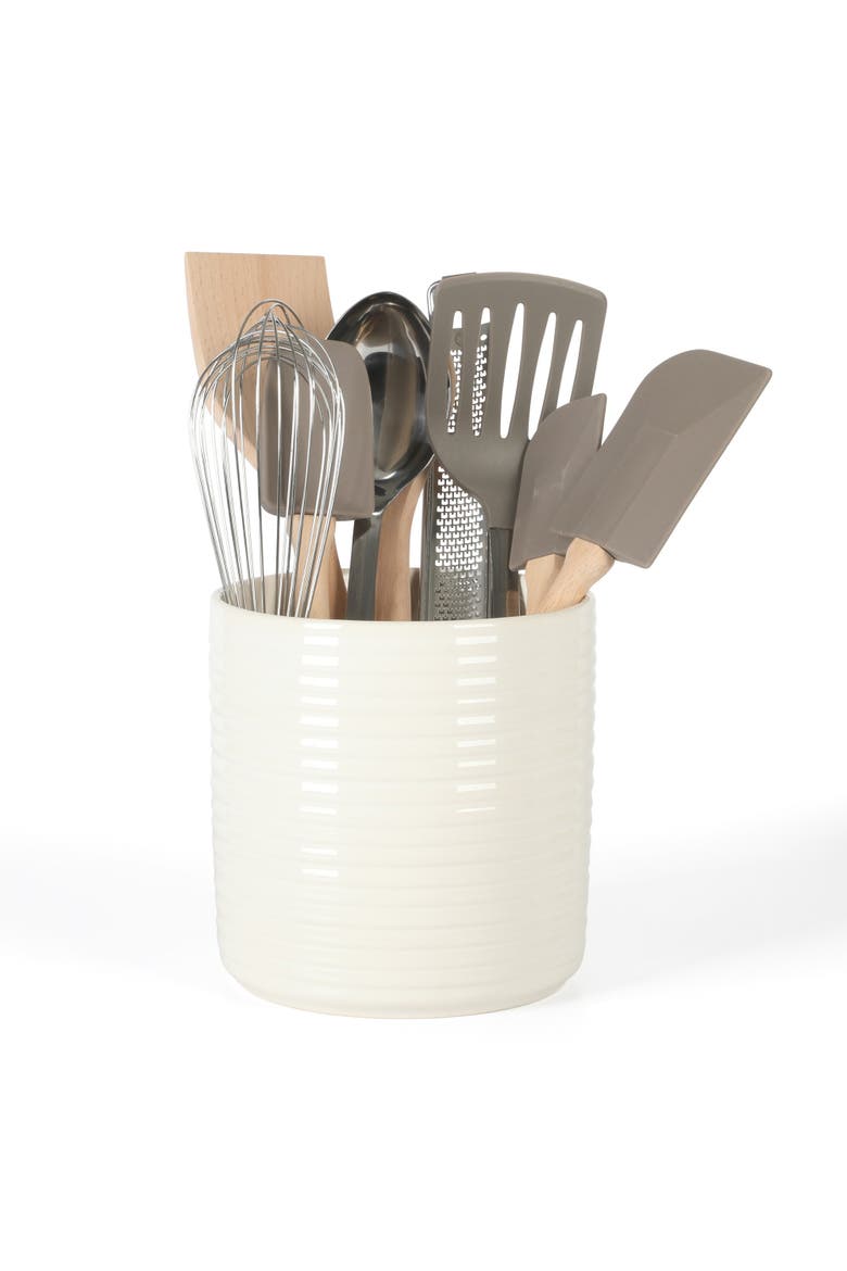 10-Piece Stainless Steel Kitchen Tools and Gadget Set with Ceramic Crock, Main, color, Linen White