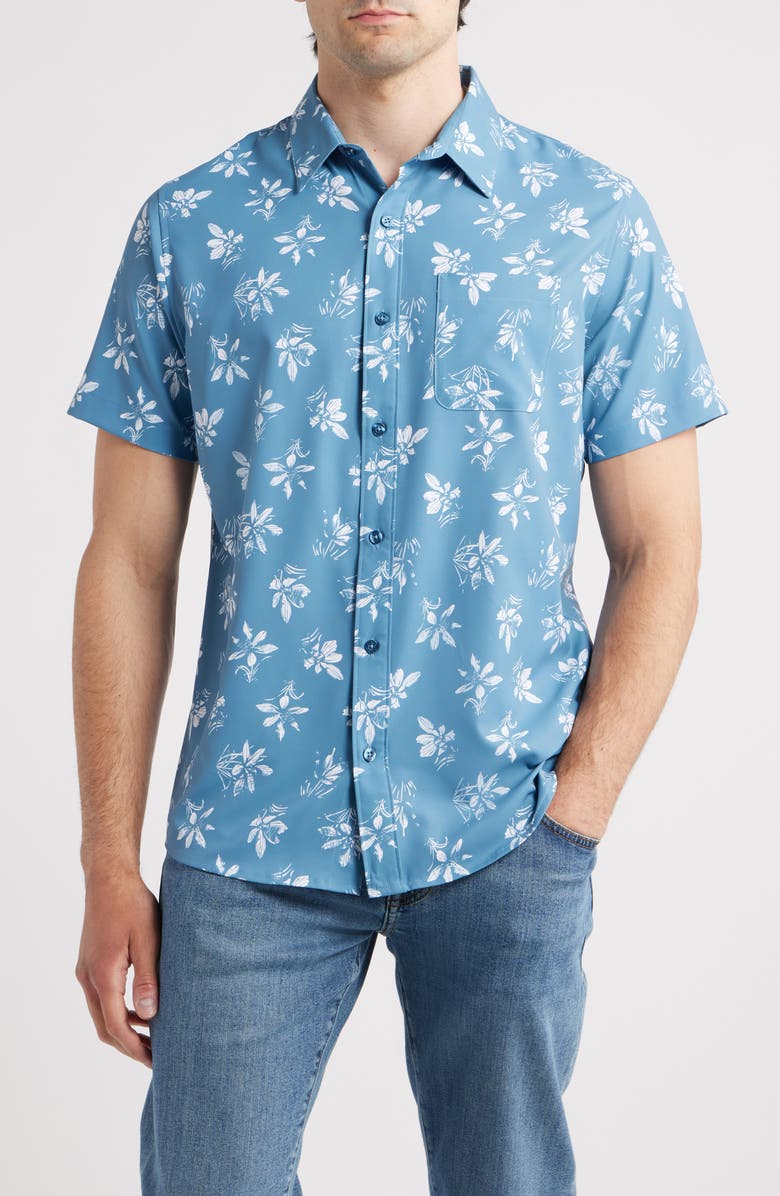 TravisMathew Seamate Floral Short Sleeve Button-Up Shirt, Main, color, Captains Blue
