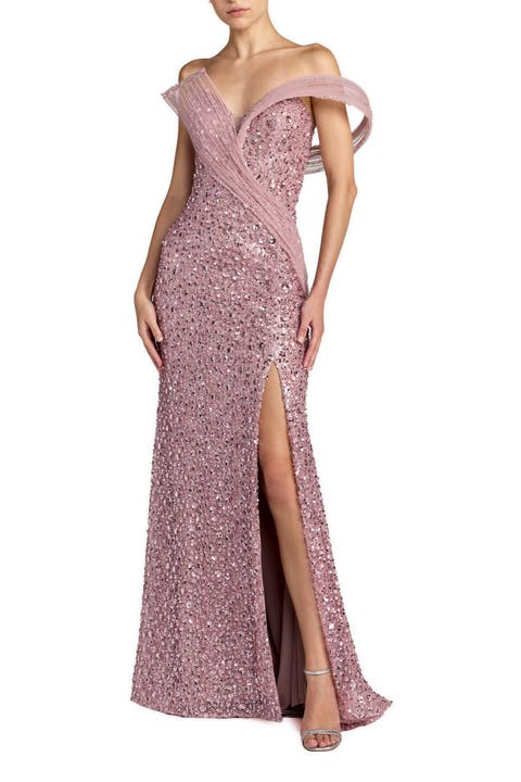 Embellished Strapless Gown with Sculptural Drape