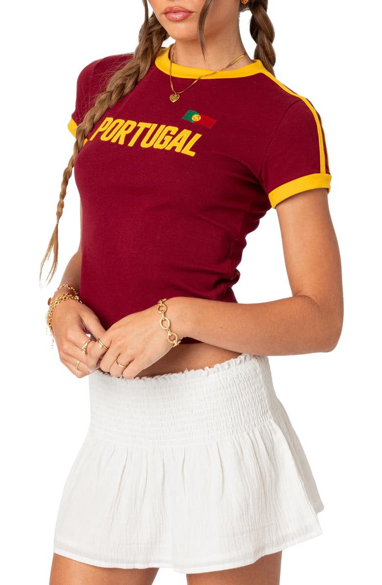 EDIKTED Portugal Ringer T-Shirt, Alternate, color, Burgundy