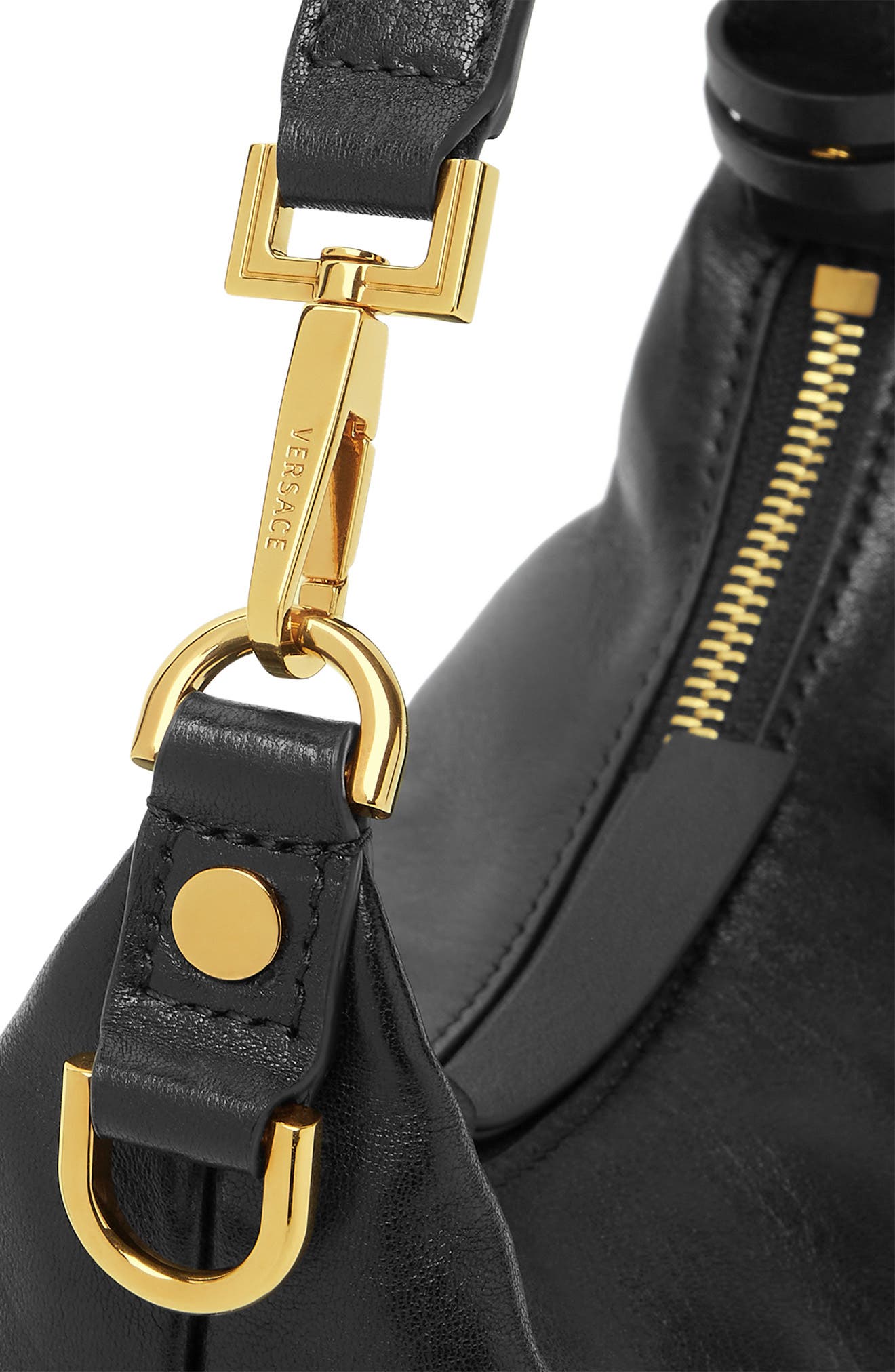 Versace Small Logo Leather Hobo Bag, Alternate, color, Black Versace Gold