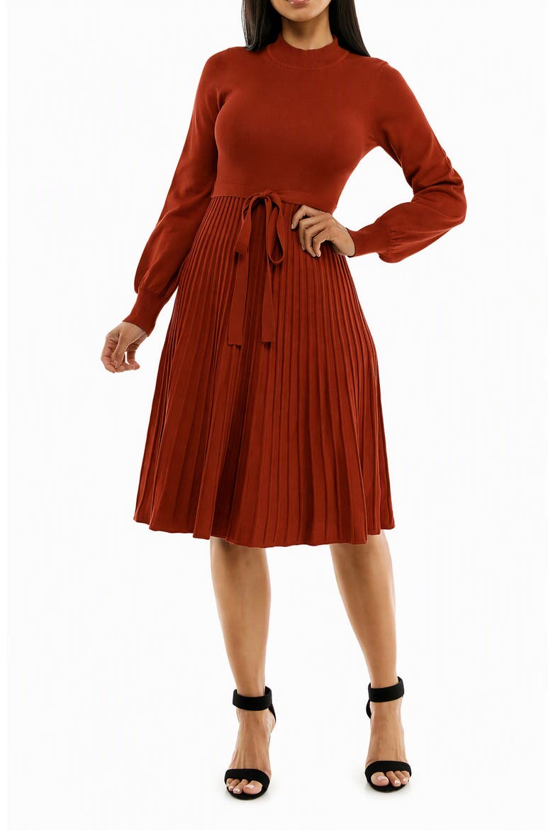 Tie Waist Fit & Flare Sweater Dress, Main, color, RUST