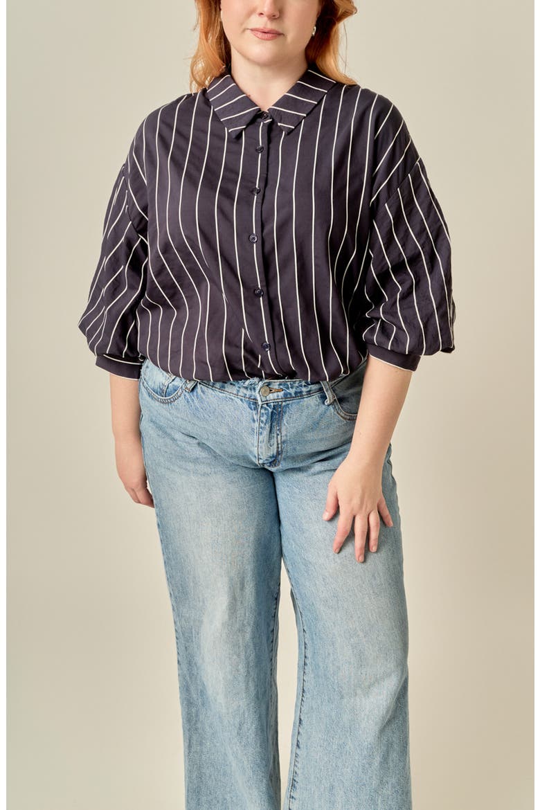 Striped Balloon Sleeve Shirt, Alternate, color, NAVY/ WHITE