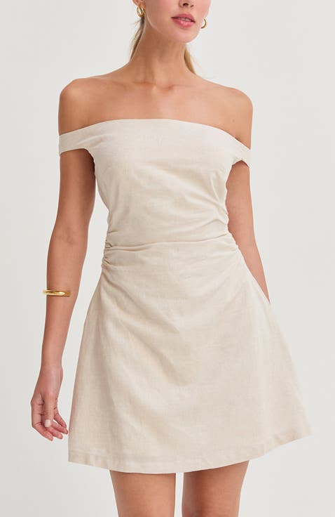 Off Shoulder Side Ruched Linen Mini Dress