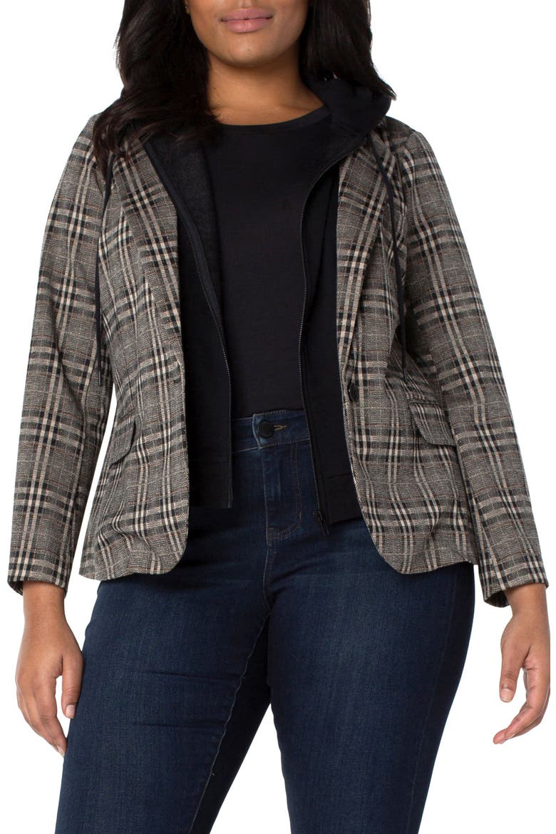 Plaid Boyfriend Blazer with Removable Hood, Main, color, BLK+TAN FL