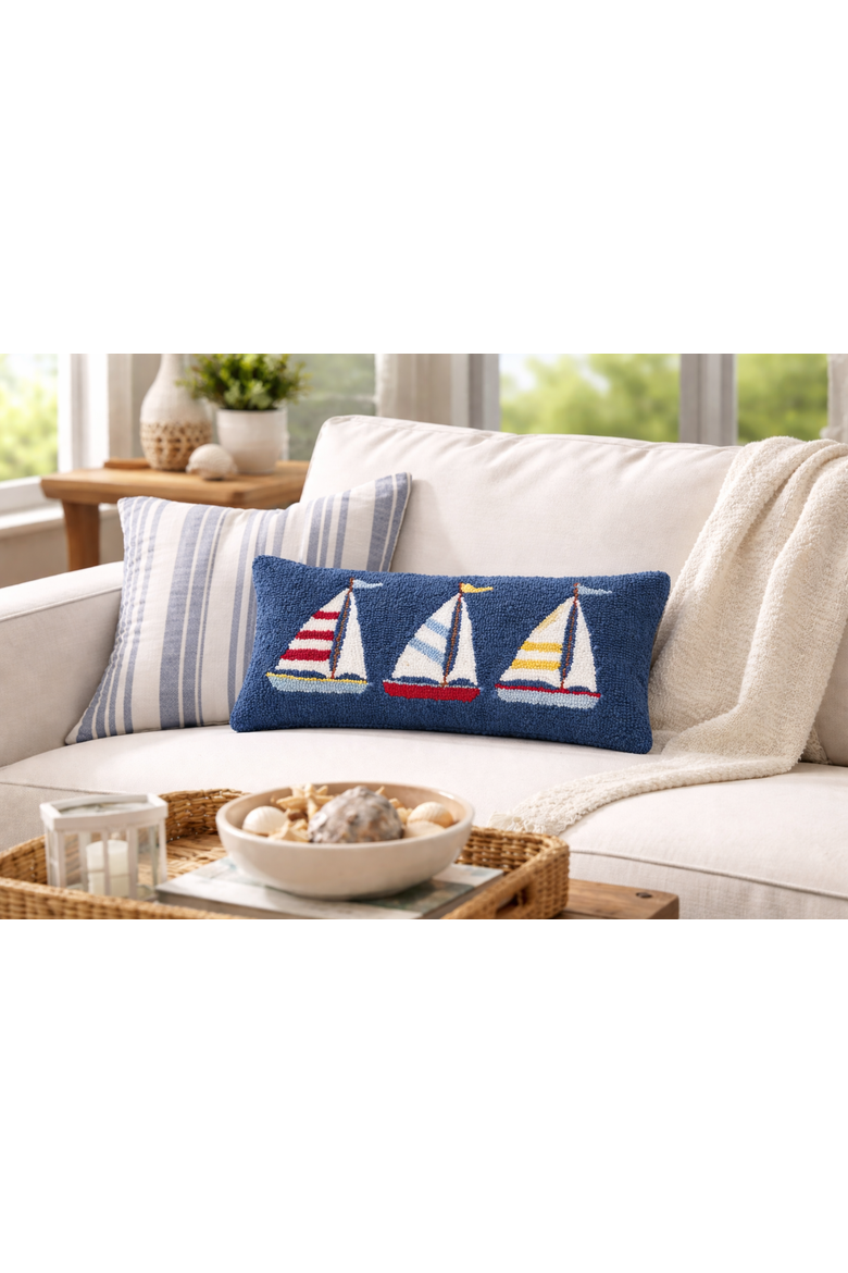 Sailboat Trio Blue Hooked Lumbar Accent Pillow 10" x 20", Alternate, color, Blue