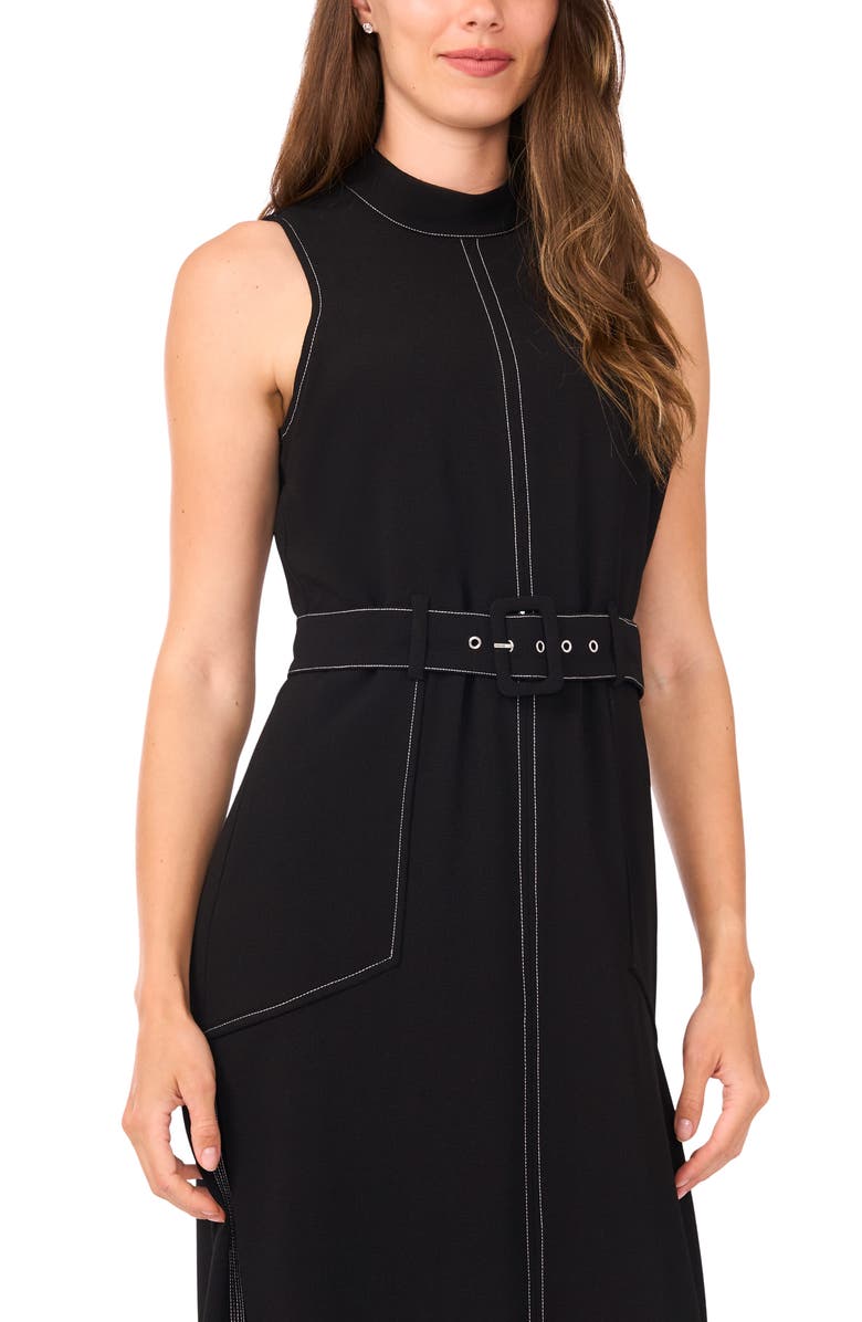 Topstitched Mock Neck Midi Dress